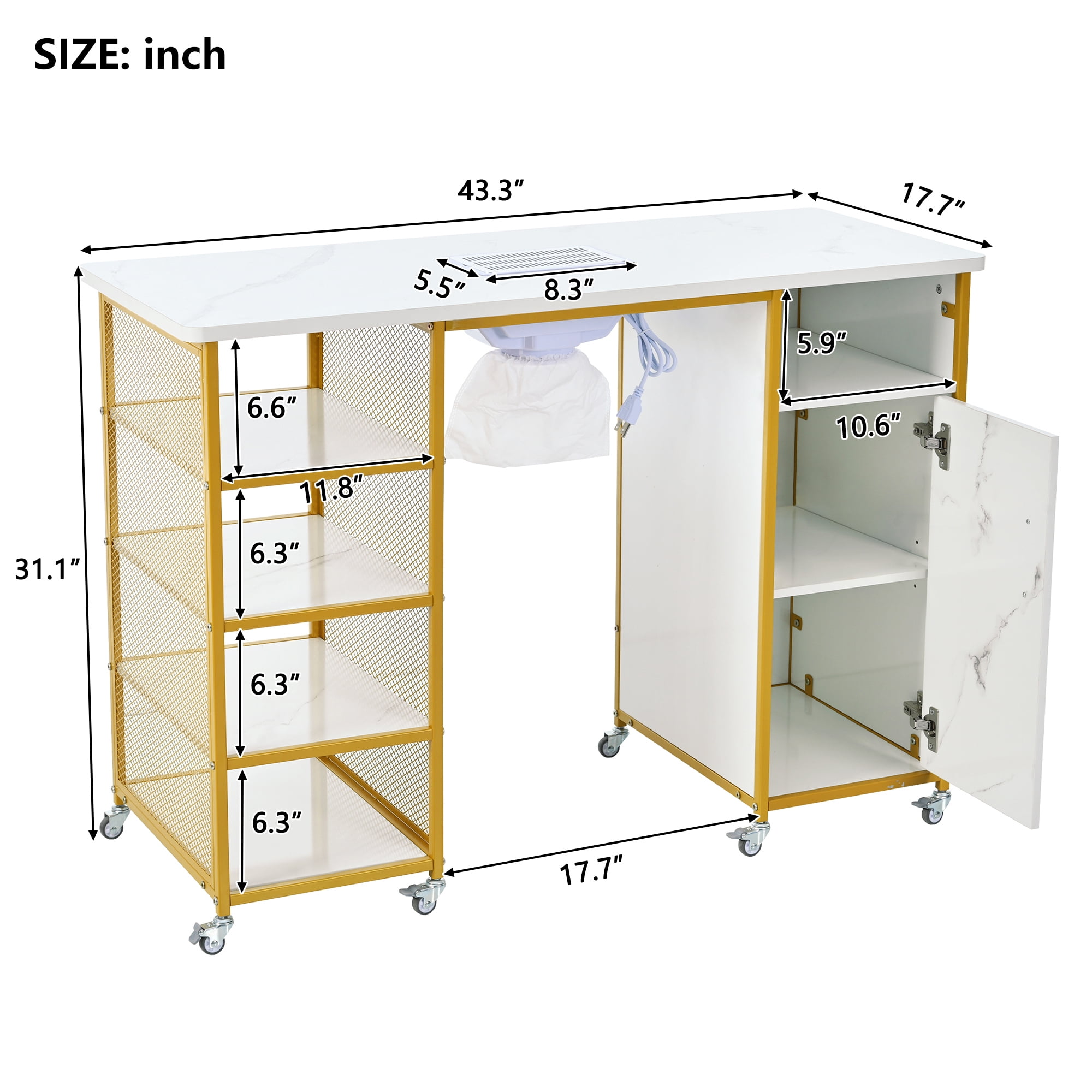 EUROCO 43.3" Manicure Table Nail Desk for Nail Tech,Nail Table Beauty Salon Station with Electric Downdraft Vent,Wrist Cushion, Lockable Wheels and Storage,White