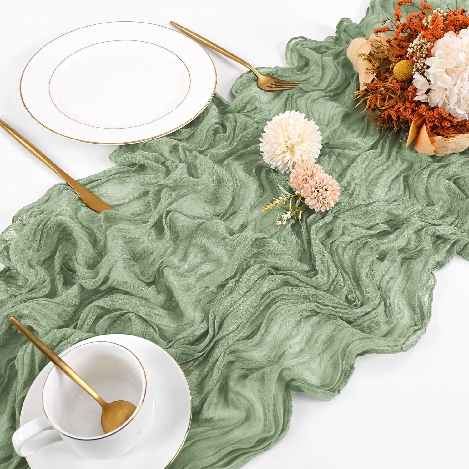 10 Pack Sage Green Cheesecloth Table Runner 17x108 Inch Boho Gauze Cheese Cloth Table Runners for Wedding Party Baby Shower Birthday Home Decor
