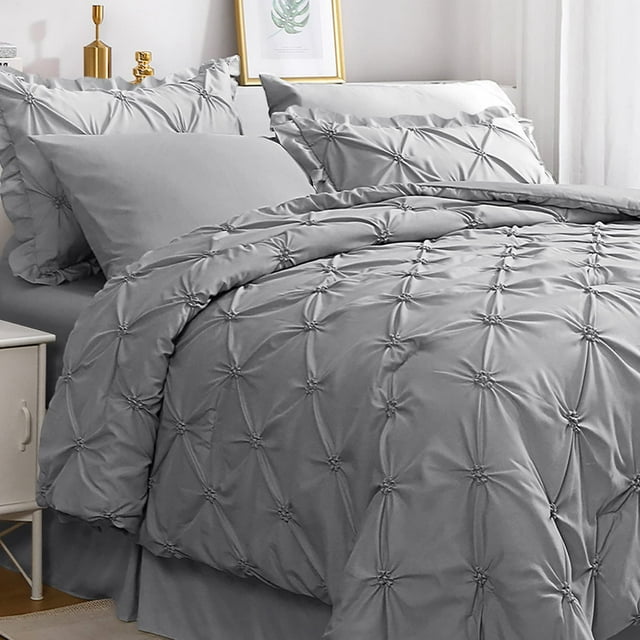 Set de edredón JOLLYVOGUE Queen Pintuck gris, 7 piezas