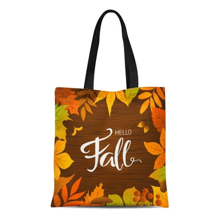 LADDKE Canvas Tote Bag Brown Acorn Hello Fall Seasonal Autumn Leaves Yellow Border Durable Reusable Shopping Shoulder Grocery