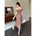 thumbnail image 4 of Dusty Pink Off-Shoulder Ruched Slim Fit Midi Dress For Women Elegant Casual Evening Cocktail Dress, 4 of 7