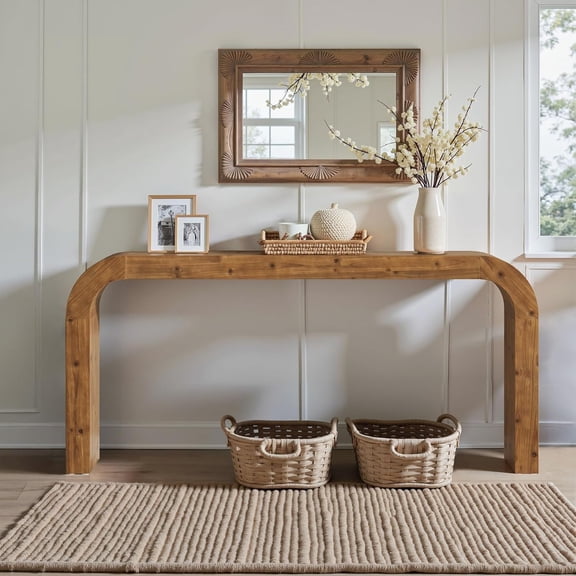 71" Solid Wood Console Table, Farmhouse Waterfall Sofa Table with Curved Corners, Entryway Table for Hallway, Living Room, Behind Couch, Foyer (Natural Wood)$$Furniture