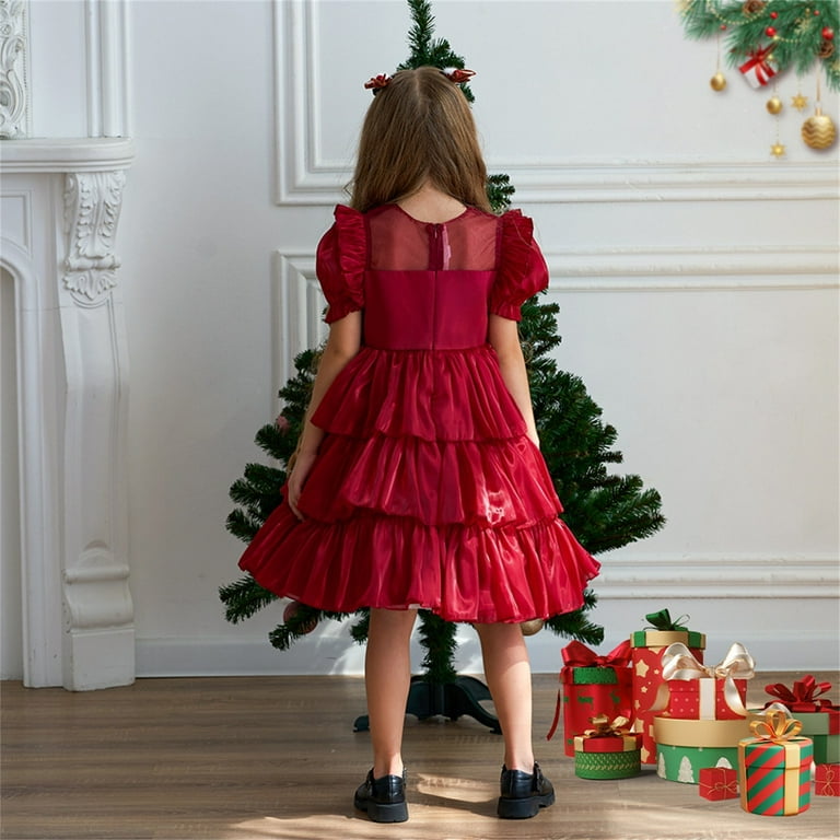 LUOGENLI Party Dresses for Girls 12 14 Girls Christmas Short Sleeve Print Tulle Embroidery Lace Ruffles Party Evening Dress Wedding Dress Party
