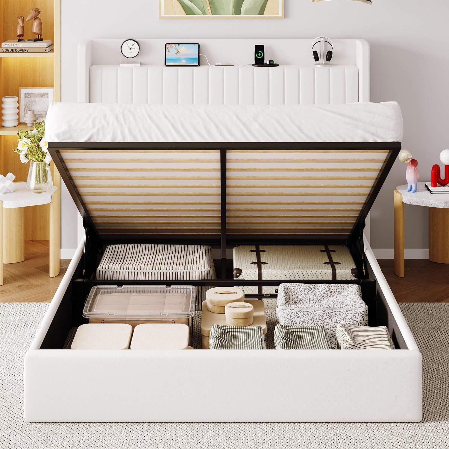 Allewie Queen Size Lift Up Storage Bed Frame, Storage Shelf Headboard with Charging Station, Type-C and USB Ports, Hydraulic Support, Velvet Upholstered Bed Frame, No Box Spring Needed, White