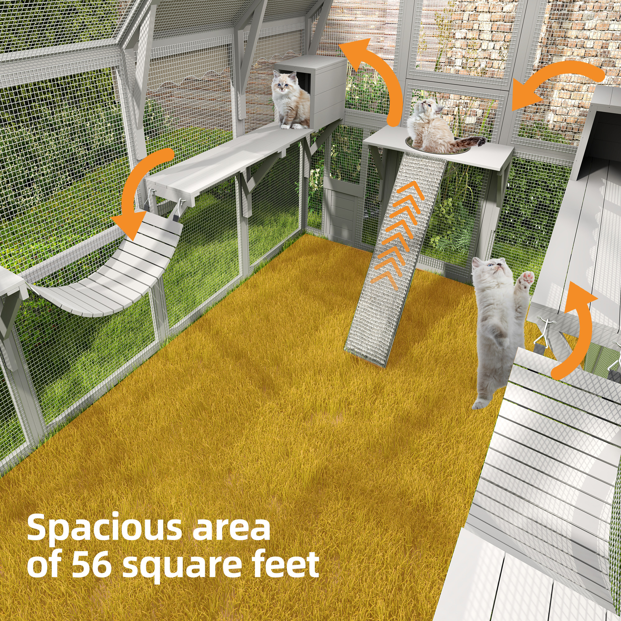 Craftian 110" Catio Outdoor Cat Enclosure Large Wooden Cat House with with Weatherproof Roof, Cat Scratcher Ramp, Space Capsule Bed, 2 Bridges, 2 Resting Houses, 7 Platforms for Multiple Cats