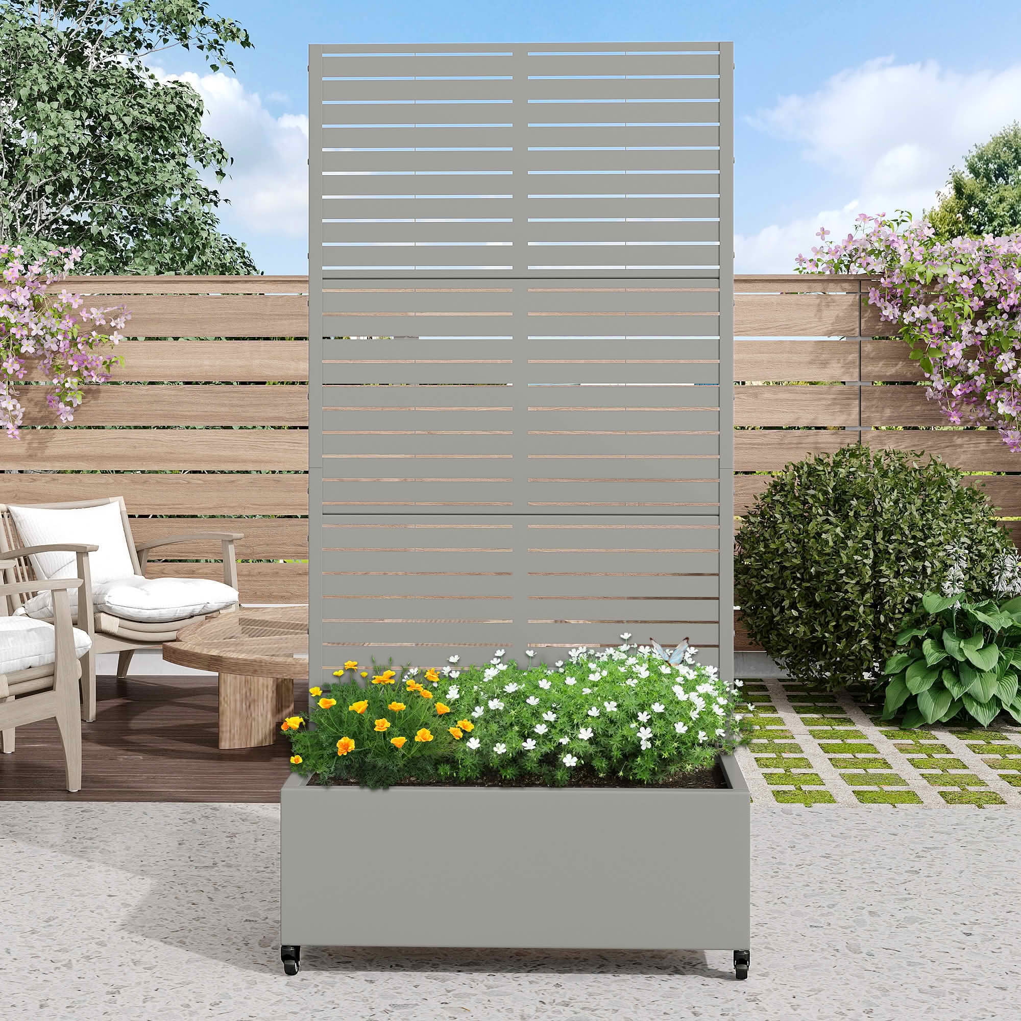 MAYEERTY 72x35x16 Inch Gray Metal Planter Box with Trellis for Outdoor Garden & Patio
