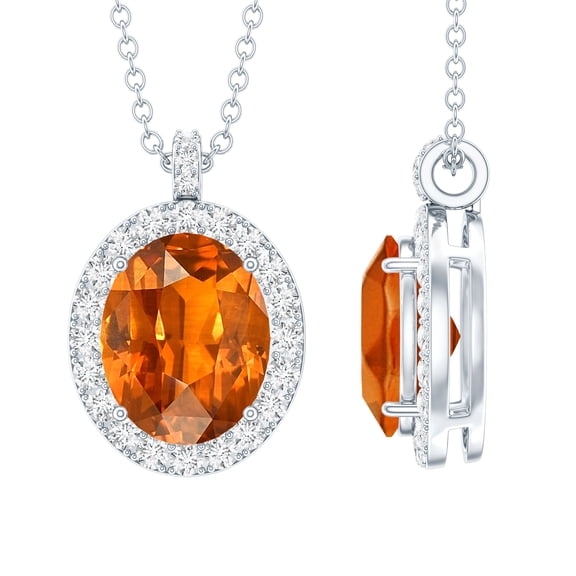 Rosec Jewels Oval Shape Lab Grown Orange Sapphire Pendant with Diamond Halo (AAAA Quality), 925 Sterling Silver