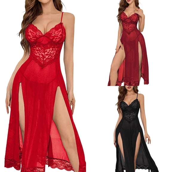 Hkoxplj Women's Sheer Lace Babydoll Chemise Long Mesh Nightgown High Slit See Through Maxi Dress Adjustable Spaghetti Straps V Neck Floral Sleepwear for Romantic Date Night Bedroom Intimate
