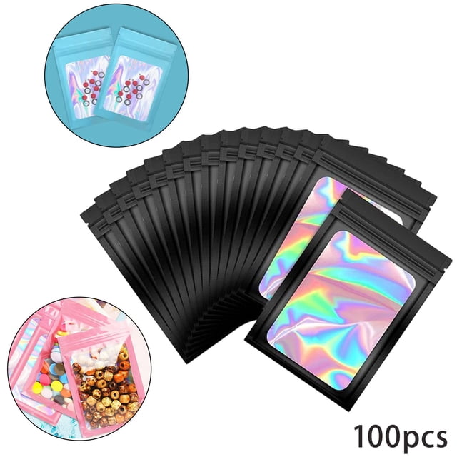 100 Piezas de Prueba de Olores Mylar, Bolsas de Embalaje Holográficas con Ventana Transparente para Cosméticos, Electrónica, Flores Secas, Co negro perfecl Bolsas de Mylar a prueba de olores