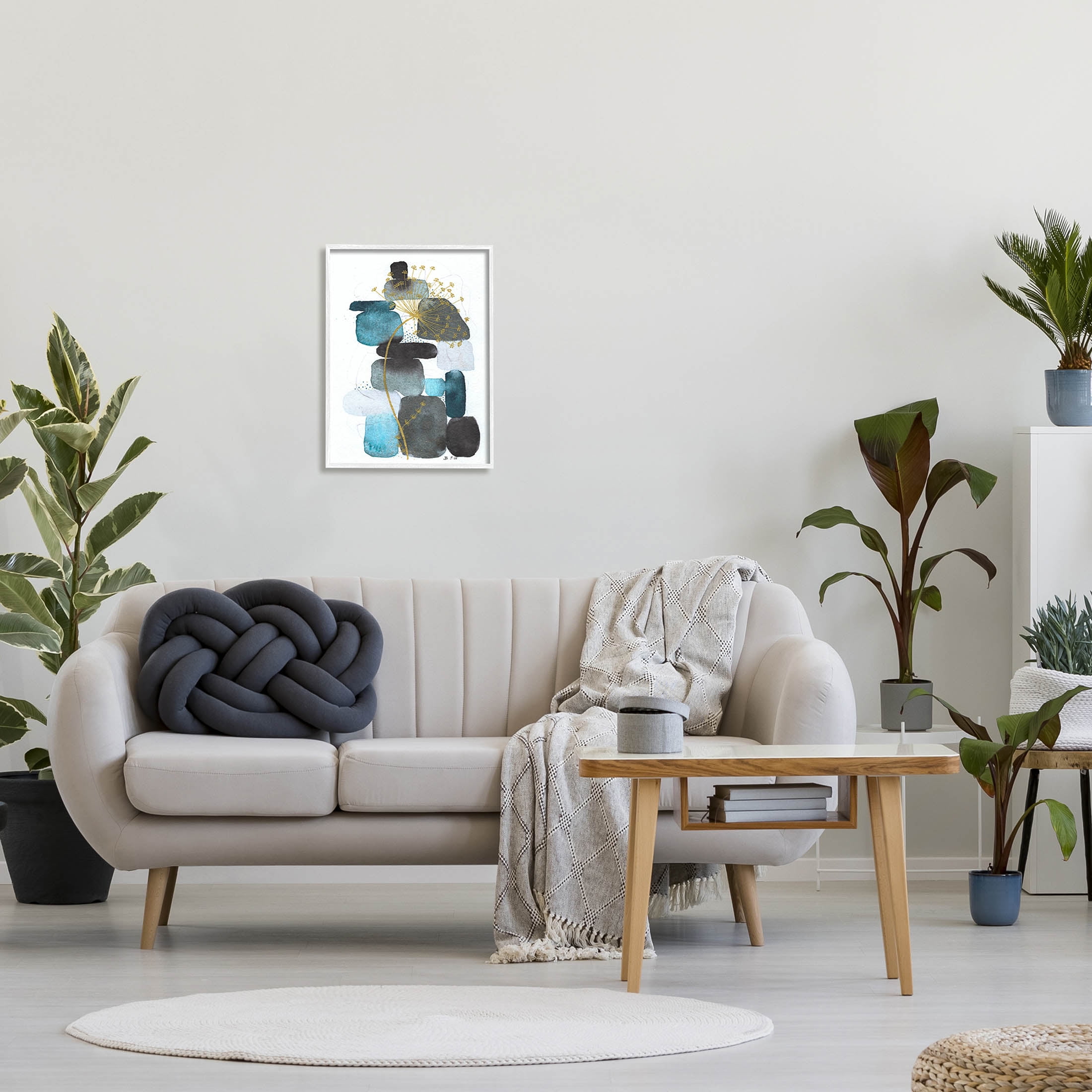 Blue Nature Rocks Dandelion Abstract Graphic Art White Framed Art Print Wall Art