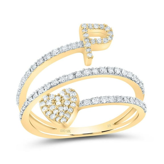 10K Yellow Gold Diamond Women's Block Letter P Initial & Heart Wrap Ring 3/8 CT