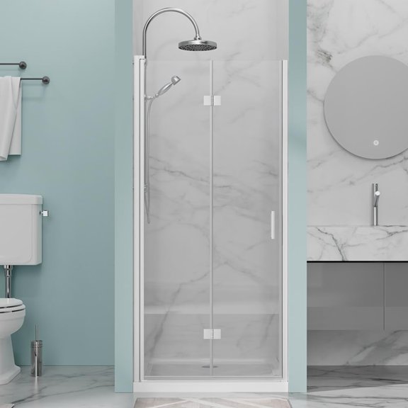 Kaisneo 32 in x 72 in Clear Tempered Glass Frameless Bi-Fold Pivot Shower Door