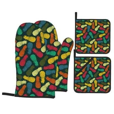 

Oven Mitts and Pot Holders Sets 4 pcs Pineapple Fruit Colorful Non-Slip Oven Gloves Potholders Soft Quilted Lining Heat Resistant Gloves Hot Pads for Kitchen Cooking Baking