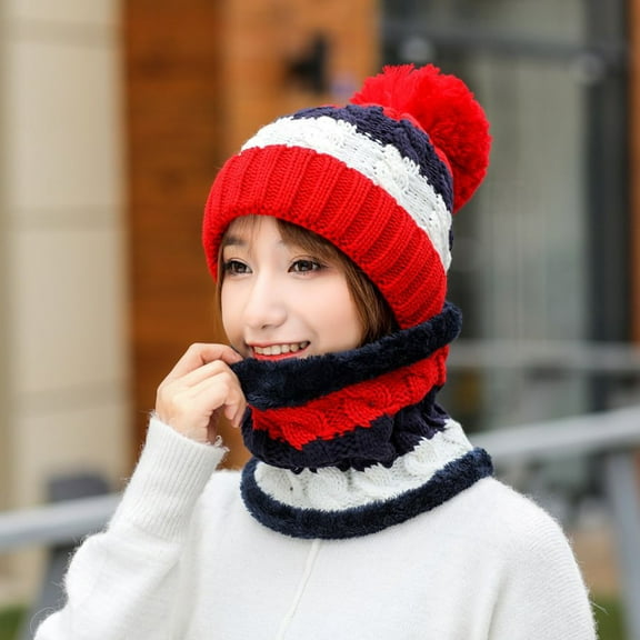 SBYOJLPB Hats for Women Women'S Winter Thicker Knitted Warm Cap Ruff Hat Two-Piece Set