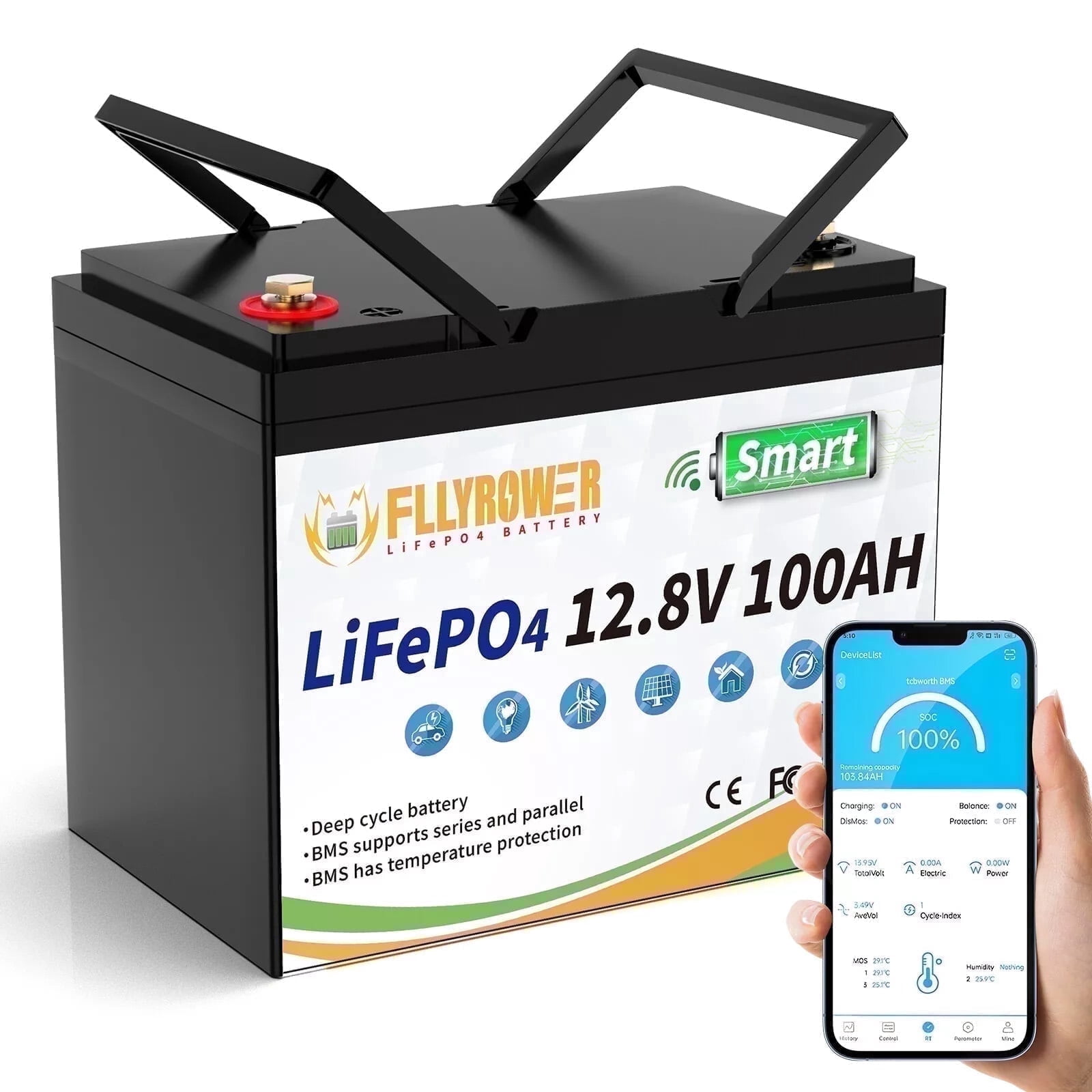 12V 100Ah Mini Group 24 LiFePO4 Battery Bluetooth,for RV,Solar,Trolling Motors,Marine,FLLYROWER 15000+Deep Cycle,Smart 100A BMS