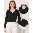 thumbnail image 2 of Blusa de gasa de manga larga de color sólido con cuello en V para mujer Negro L, 2 of 4