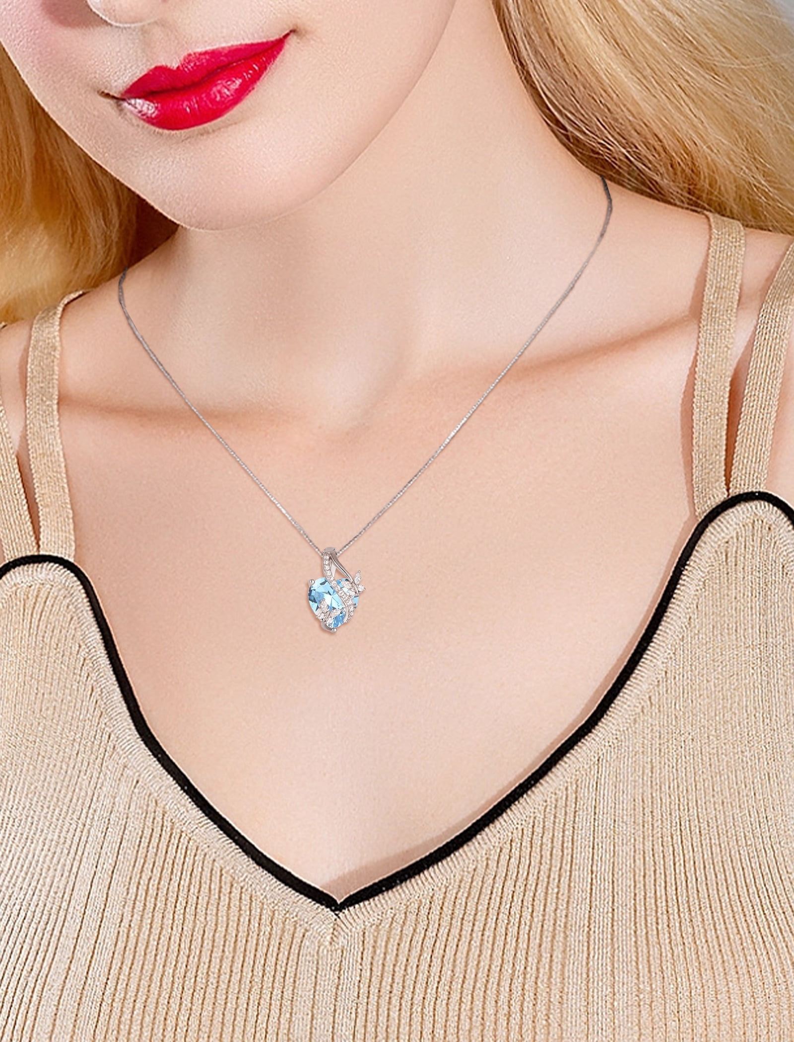 VESITIM Infinite Heart Pendant Sterling Silver Butterfly Necklace for Women Jewelry Gift with Birthstone March Created Aquamarine