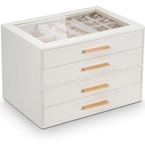 Jewelry Box for Women 4 Layers, Glass Lid Jewelry Organizer with 4 Drawers Cloud White PU Jewelry Storage Case for Necklaces Rings Earrings Bracelets