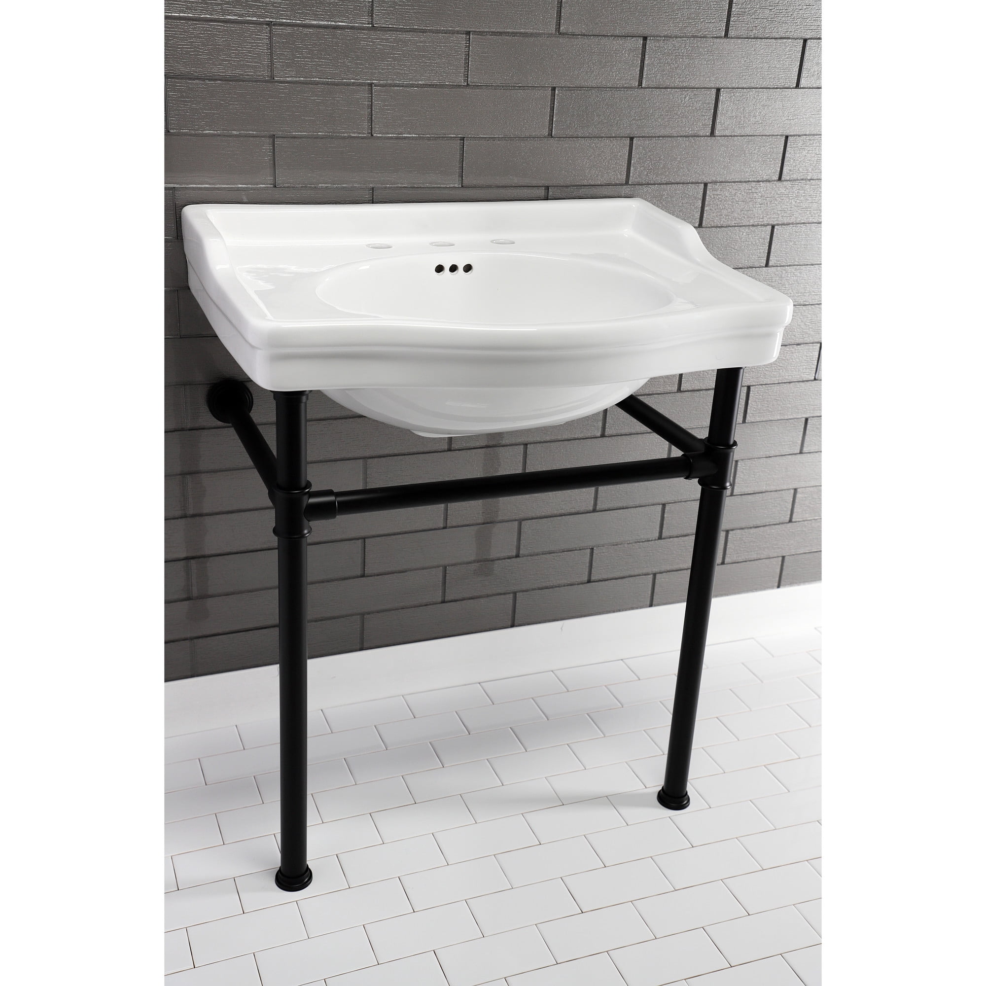 Kingston Brass VPB3308B Victorian 30-Inch Ceramic Console Sink (8-Inch, 3-Hole) in White