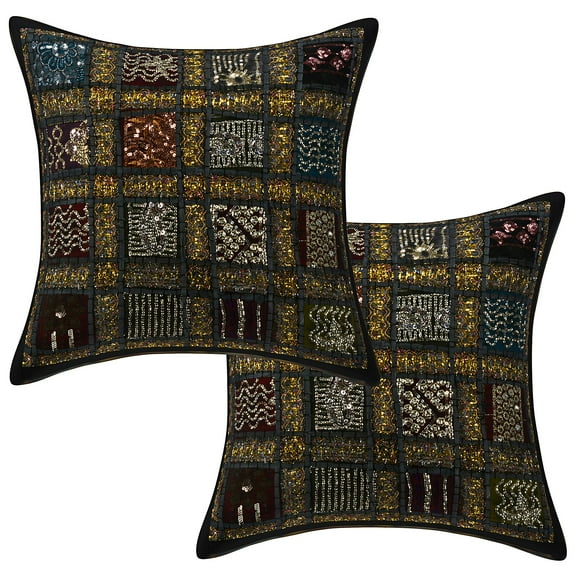Stylo Culture Indian Chair Seat Throw Pillow Covers 16 x 16 Patchwork Embroidered Dark Grey Sequins 40 x 40 cm Home Decor Cotton Geometric Square Cushion Covers | Set Of 2