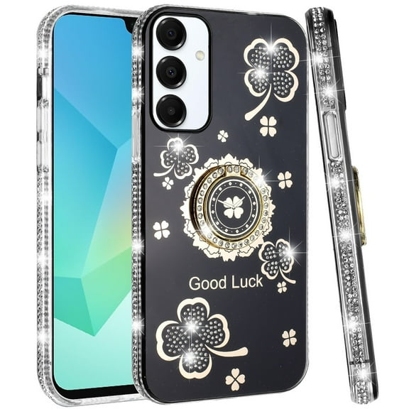 Designed for Samsung Galaxy A16 5G Diamonds Bling All Around Edges Sparkly Glitter Hybrid with Ring Stand Holder Fashion Good Luck Phone Case Cover - Black