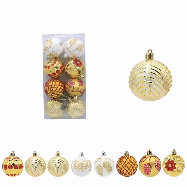 Pack de 8 adornos para baile de Navidad | Esferas decorativas de plástico pintadas de 6 cm • Variedad colgante de árbol navideño rojo dorado verde con múltiples patrones | Decoración navideña