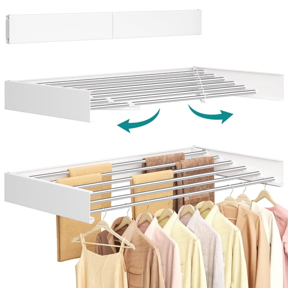 SONGMICS Wall Mounted Drying Rack, Clothes Drying Rack Foldable, Laundry Clothes Airer, 6 Fold-Out Aluminum Alloy Bars, Matte White