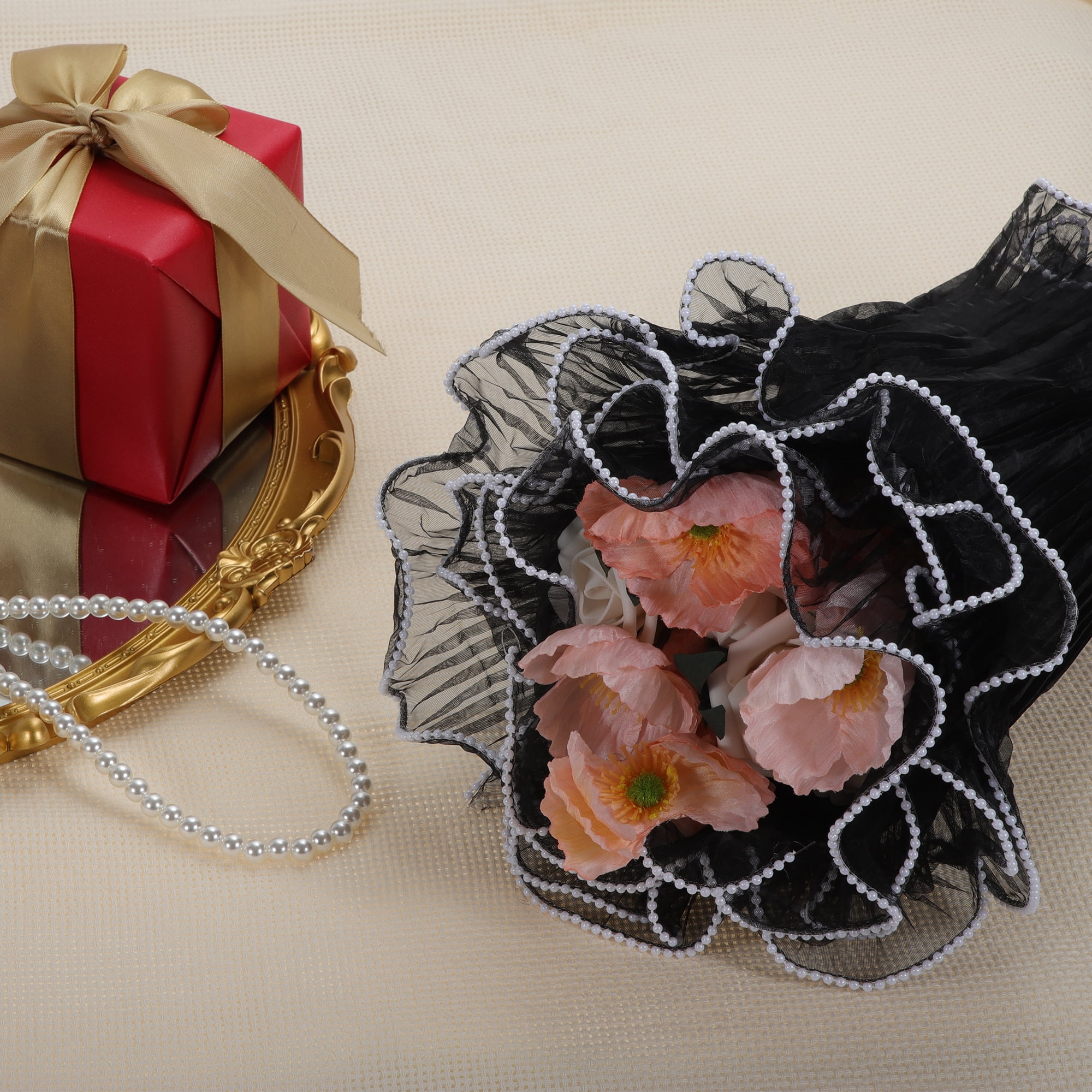 Unique Bargains Faux Pearls Edge Flower Wrap Paper for All Occasions 1 Pc Black