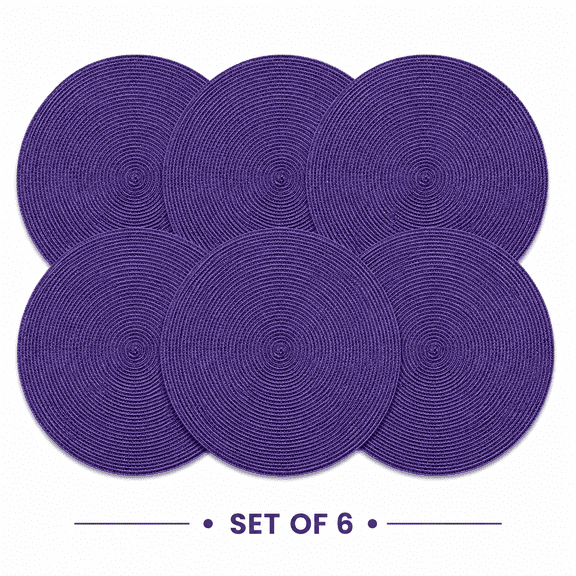 Shyamali Woven Placemats Set of 6, 16 " Round Braided Placemats for Dining Table, Heat-Resistant & Washable, Purple
