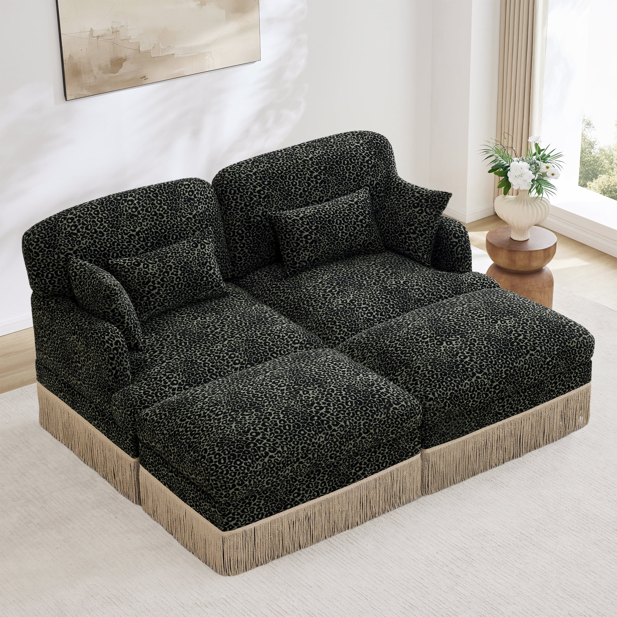 69" Chenille Leopard Tassel Deep Seat Loveseat Sofa Couch with 2 Ottoman and 4 Throw Pillows