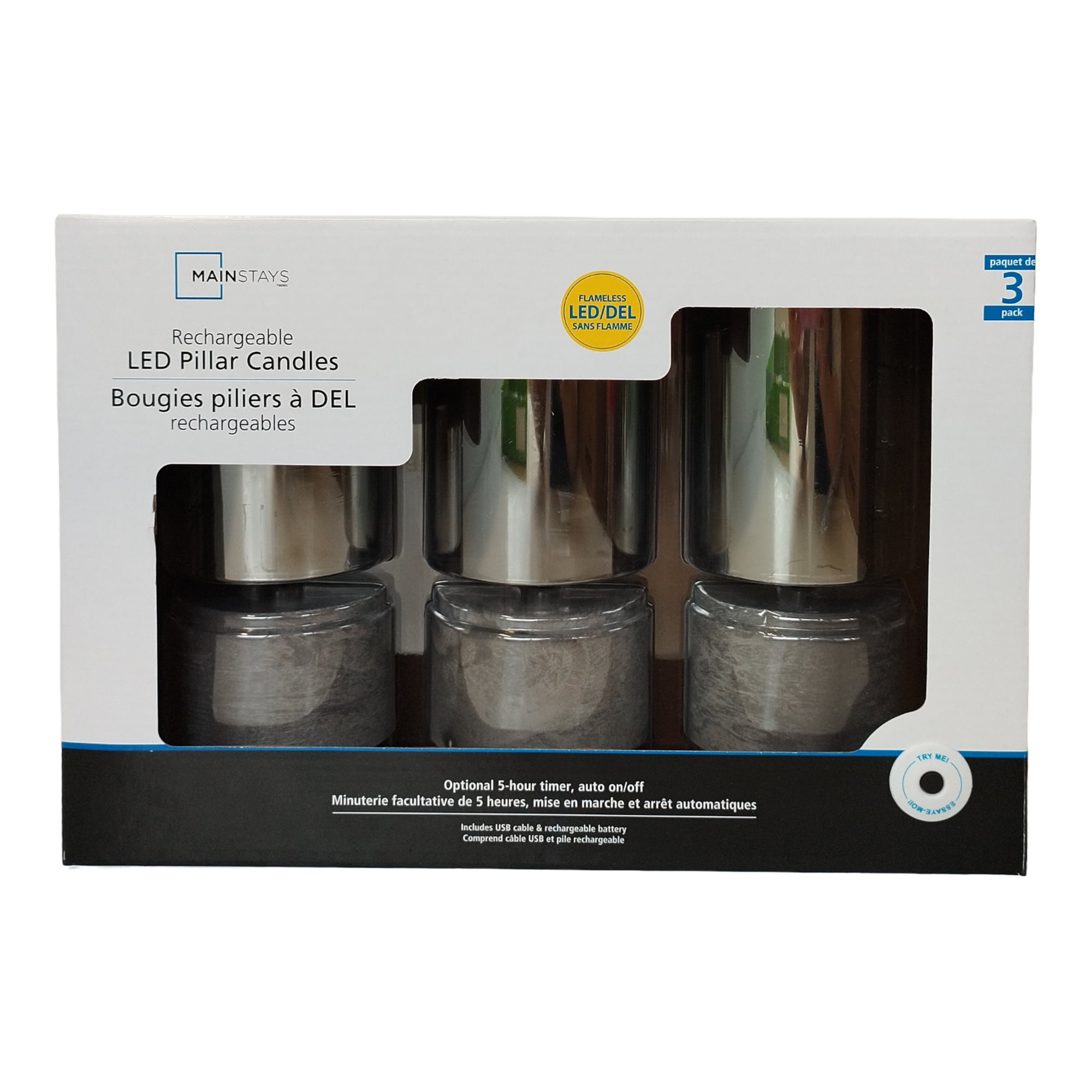 Mainstays Grey Rechargeable Flameless LED Pillar Candles,Various Sizes,3 pack