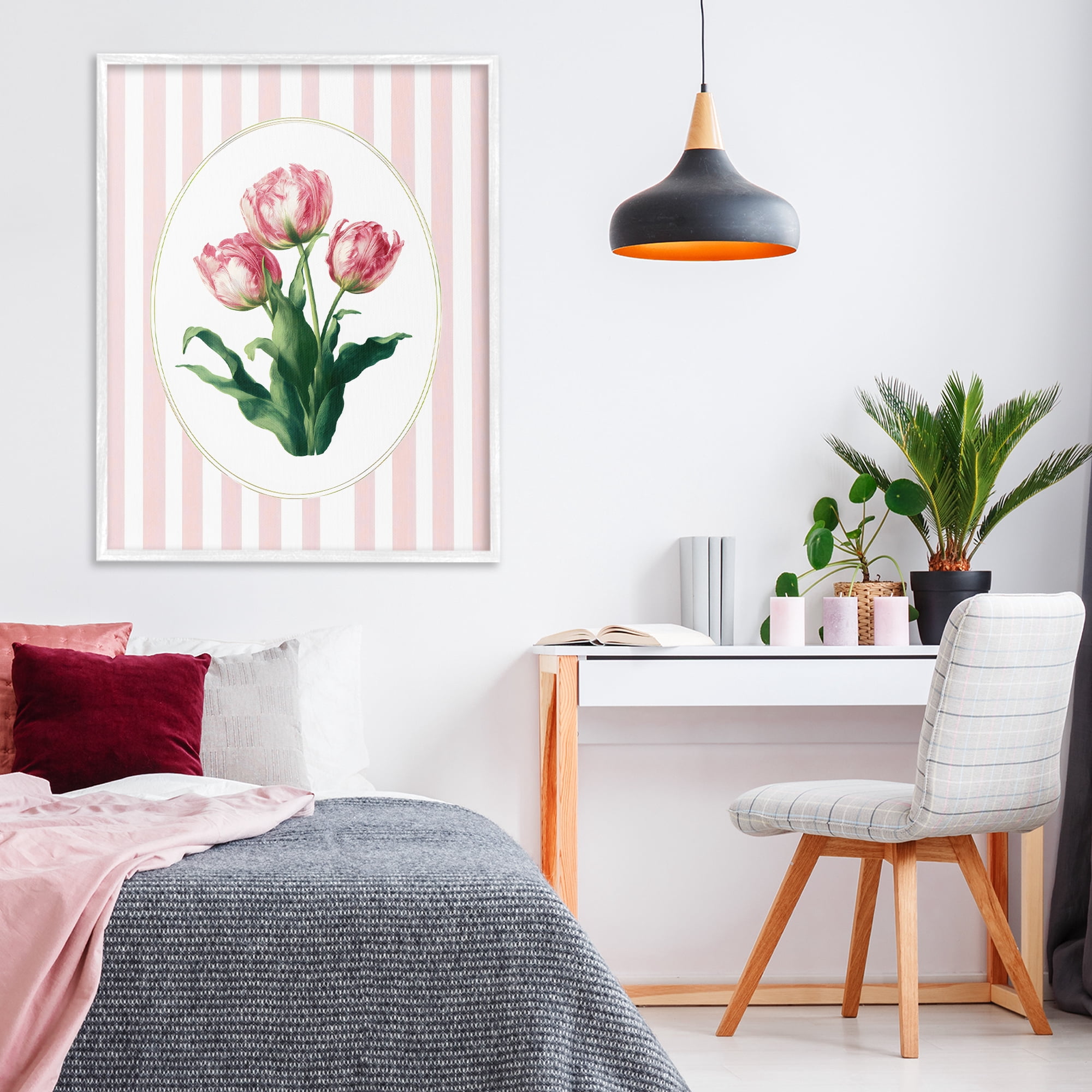 Stupell Industries Spring Tulips on Stripes White Framed Giclee Art, design by Ink Drop Loft