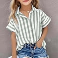 thumbnail image 2 of Glisme T-shirts for Girls Striped Print Shirt Short Sleeve Lapel Neck Shirts Summer Fashion Girl Top Size 14-15 Years Green, 2 of 5