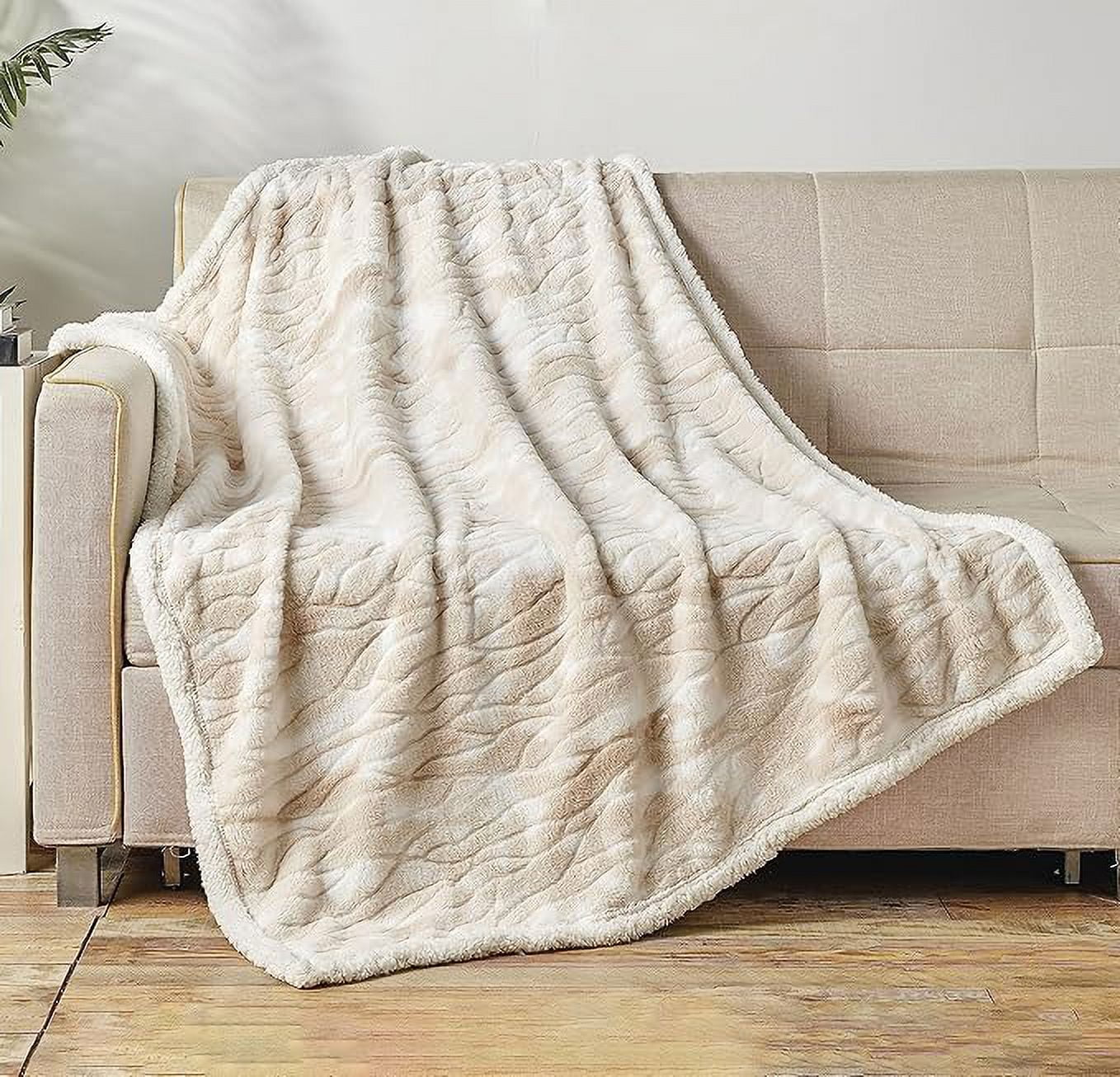 Elegant Comfort Throw Blanket, Reversible Sherpa Flannel, Soft, Fuzzy, Cozy and Plush- All season Lightweight Decorative Throw, 50 x 60 inches, Alaska Sherpa Throw, Beige