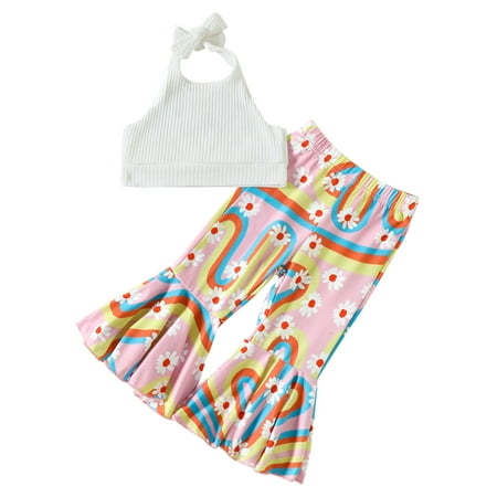 

URMAGIC Baby Girls Knit Halter Crop Tops and Bell Bottom Pants Infant Toddler Daisy Floral Summer Outfits Clothes