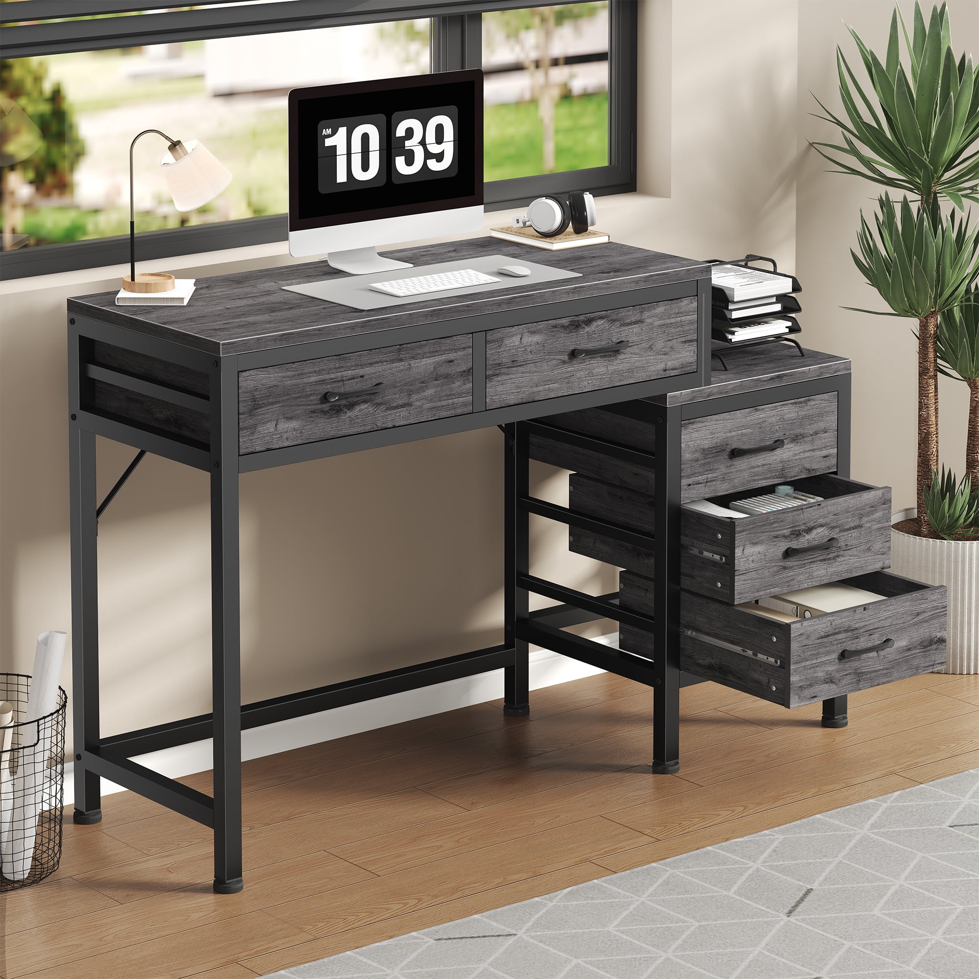 IULULU 51inch Computer Desk with 5 Drawers, Woodtop Desk of Small Spaces, Modern Style for Home Office, Gray