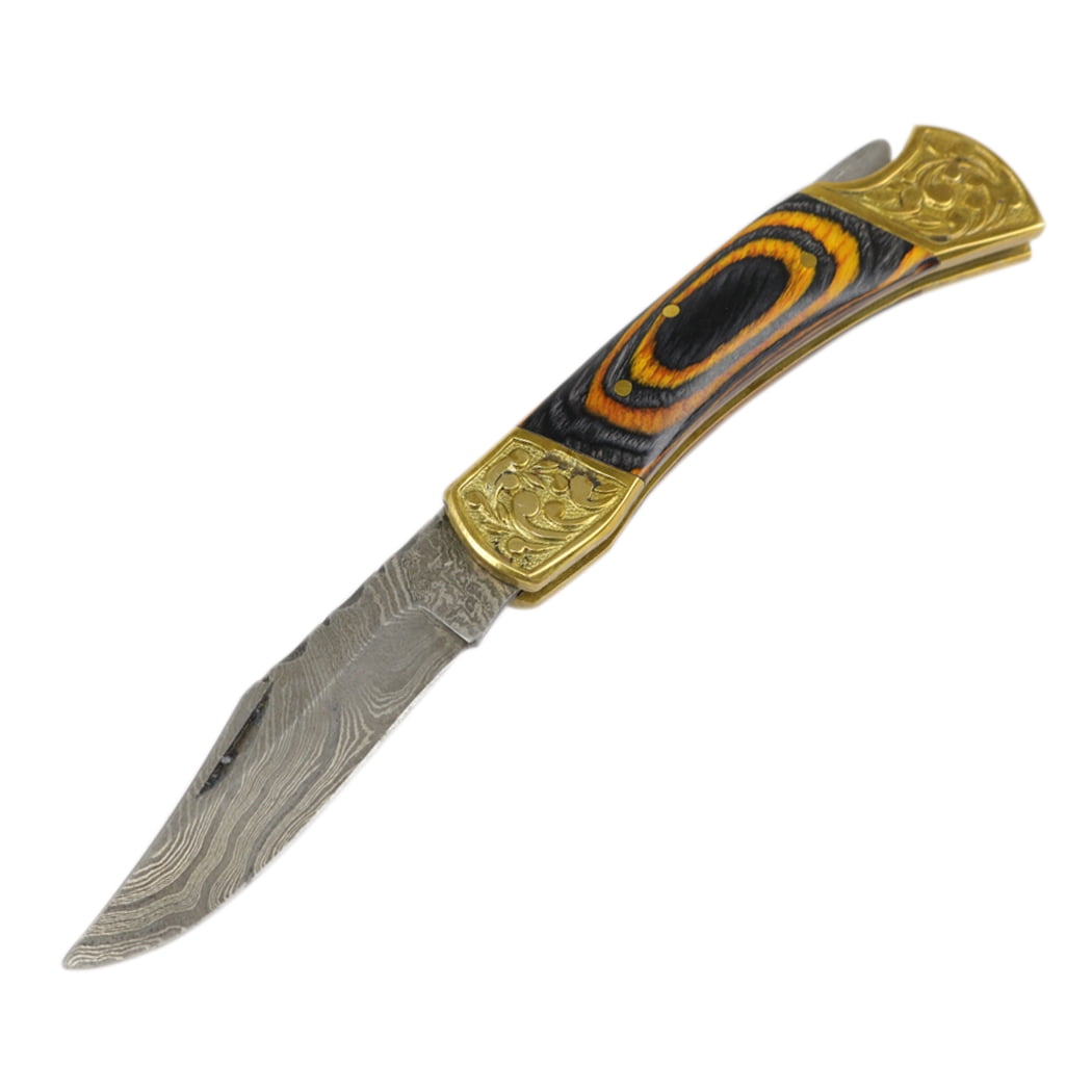 TheBoneEdge 7' Hand Made Damascus Blade Folding Knife Pakkawood Handle Burnt Finish