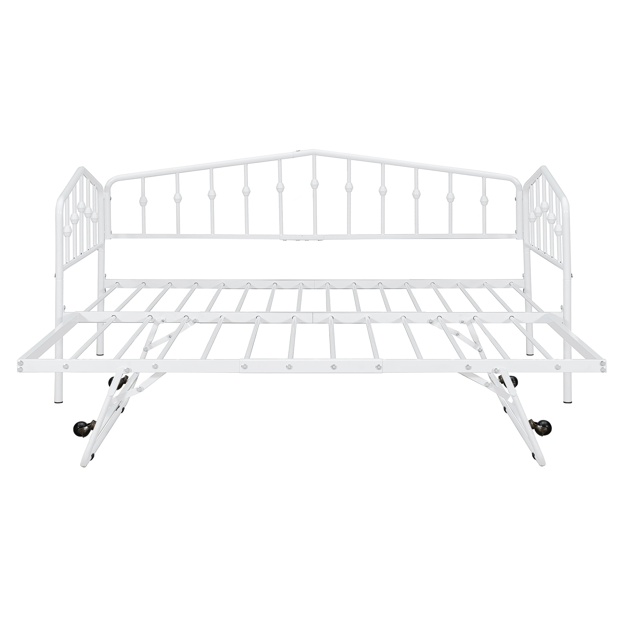 GARITIN Twin Size Metal Daybed with Adjustable Trundle, Portable Folding Trundle Bed Frame for Guest Room, White