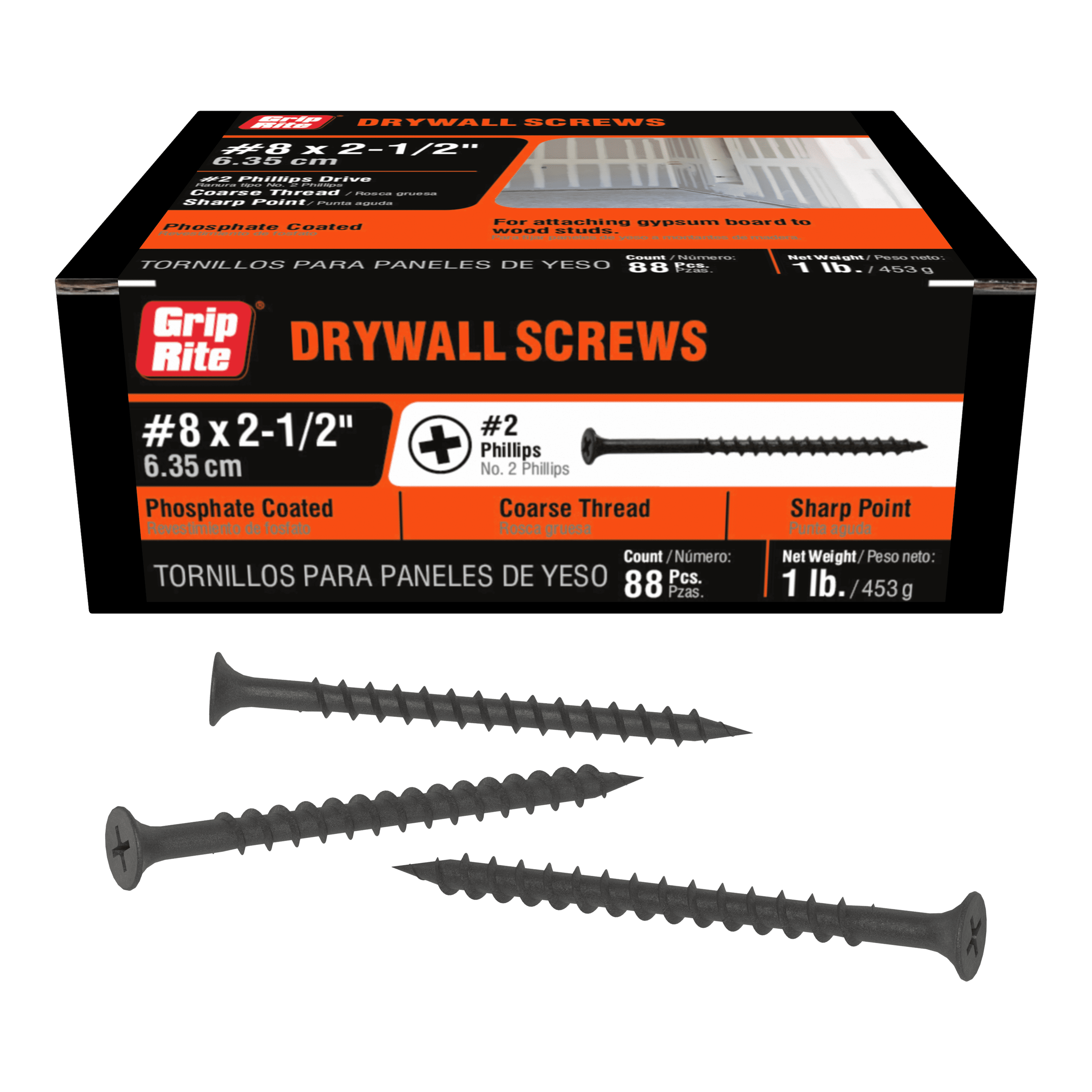 Grip-Rite #8 x 2-1/2in. Phillips Bugle-Head Coarse Thread Sharp Point Drywall to Wood Screw 1lb.
