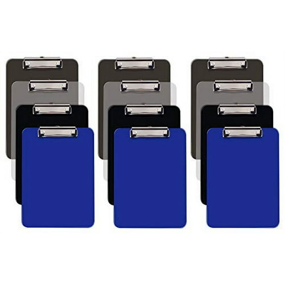 Assorted Colors Plastic Clipboards, 12 Pack, Durable, 12.5 x 9 Inch, Low Profile Clip, by Better Office Products, (3 Each of Black, Blue, Gray, Clear), Set of 12