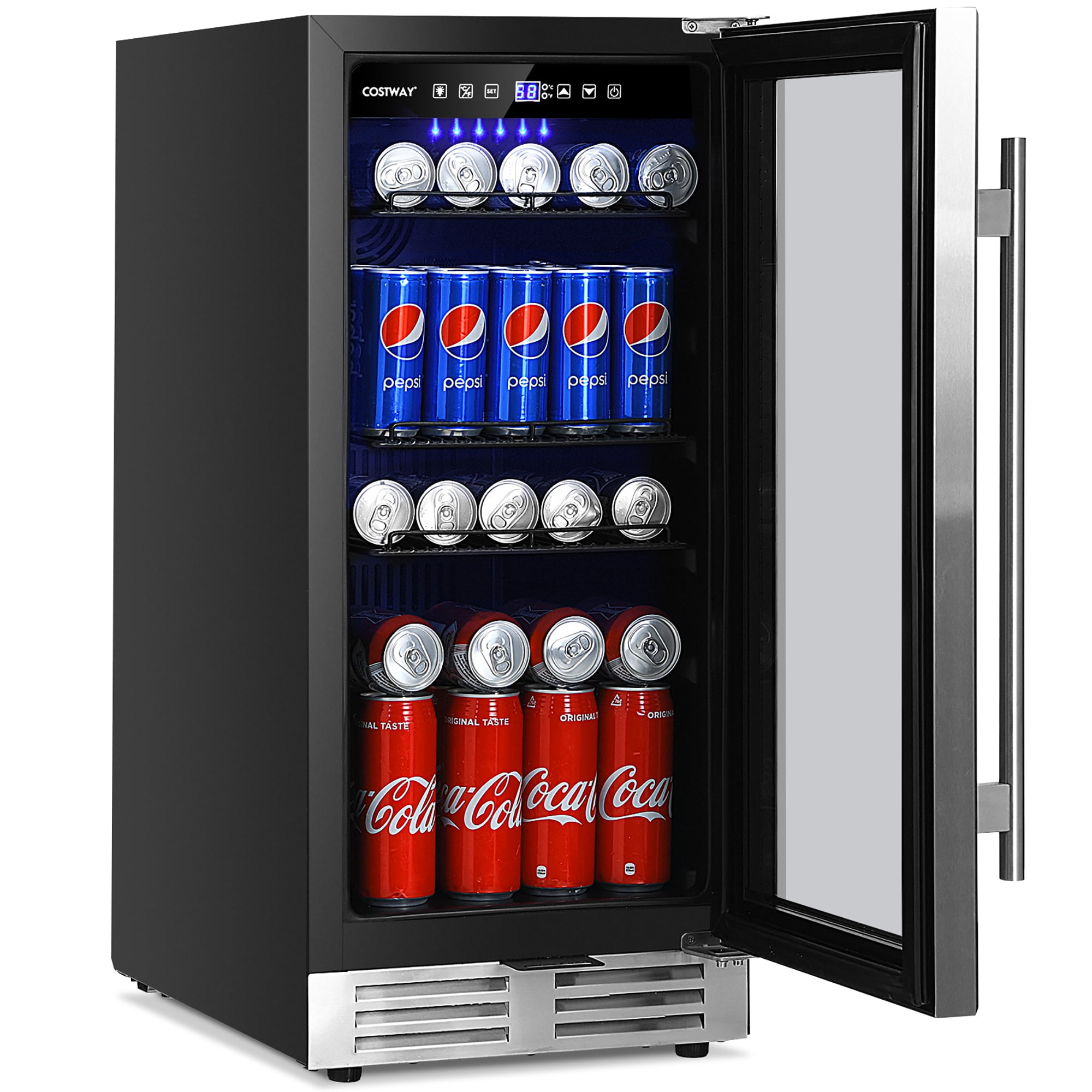 Costway 15 Inch Beverage Refrigerator, Built-in Beverage Cooler w/ Double-Layer Tempered Glass Door