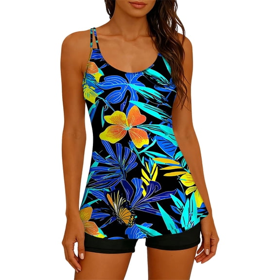Brqkzdu Womens Tankini Bathing Suits Tummy Control 2 Piece Swimsuits Floral Print Swim Tops with Boyshorts Adjustable Spaghetti Straps Swimwear Tankinis