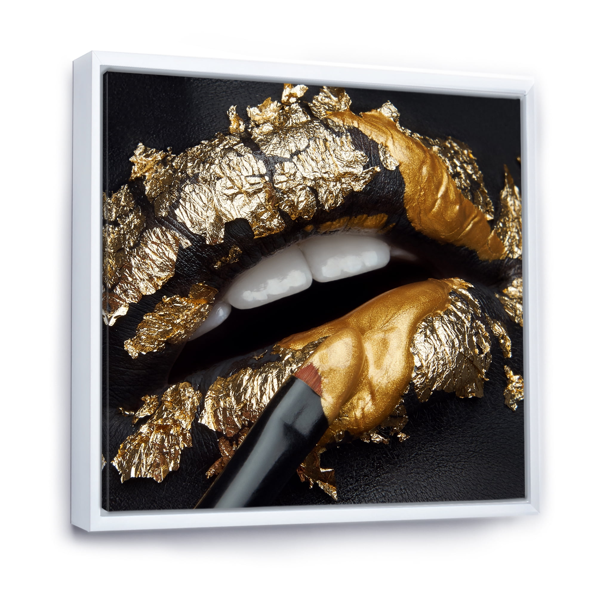 Female Lips With Black Leather and Gold Foil 36 in x 36 in Framed Painting Canvas Art Print, by Designart