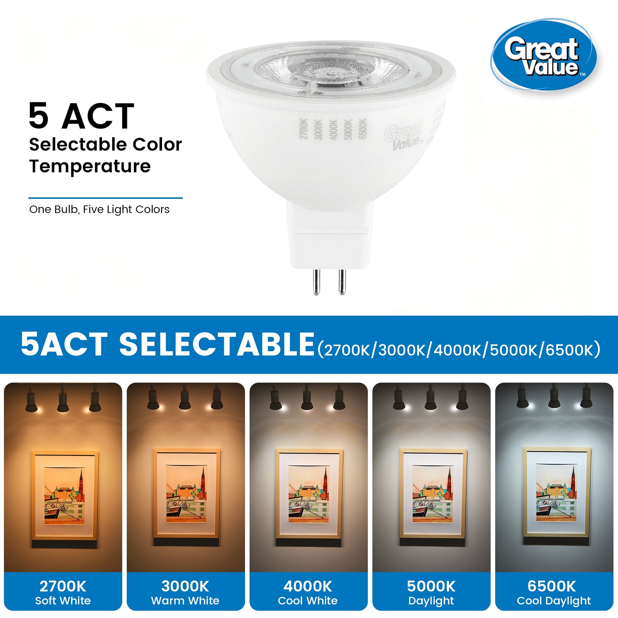 Great Value LED MR16 Indoor Spot Light Bulb, 6-Watts (50W Equiv) 5ACT, Dimmable GU5.3 Base (3 Pack)