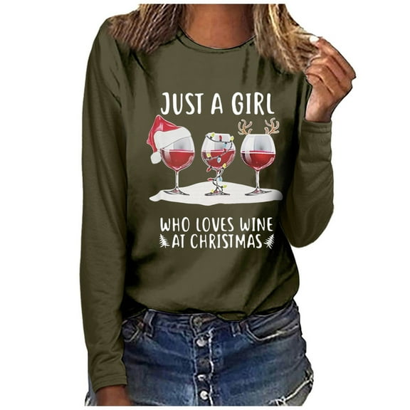 Women's Long Sleeve T Shirt for Merry Christmas Crewneck Wine Graphic Print Sweatshirt Casual Comfy Tee Tops