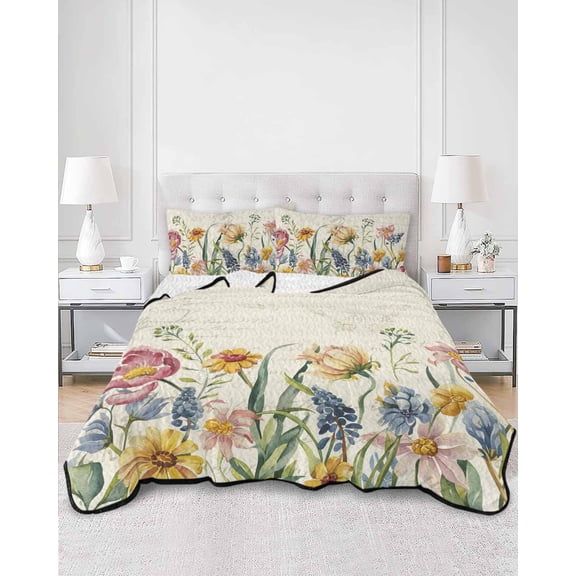 Quilts Twin XL Size, Colorful Flowers Soft Comforter Bedding Set for Bed, Spring Botanical Wild Florals Herbs Lightweight Quilted Bedspread with Pillow Cover(2 Pieces) for All Season, 68x98 Inch