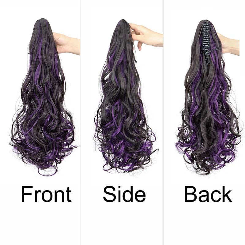 Synthetic 20Inch Long Curly Ponytail Claw Clip in Hair Extension Mixed Red Purple Hairpiece for Women
