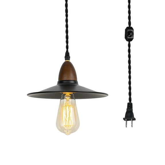 KAYYELAMP Hanging Light Black Metal Shade Walnut Base 15 Feet Plug in Cord Dimming Pendant light Retro Design for Kitchen Island Dining Table Loft(No Bulb)
