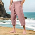 thumbnail image 2 of WTOBBY Men's Cotton Linen Cropped Beach Pants for Summer Vacation, Elastic Drawstring Waist with Quick-Dry Fabric and Comfortable Design for Swimming and Outdoor Activities ,Pink L, 2 of 3