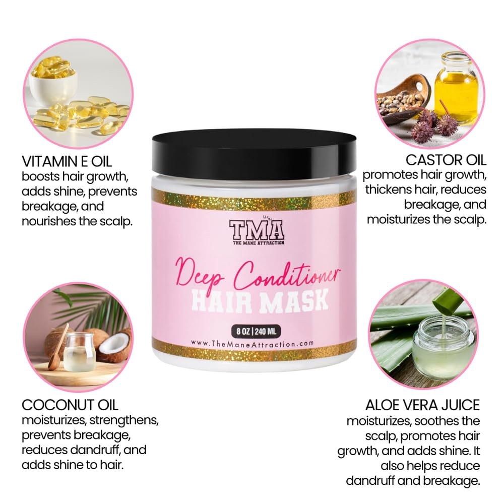 The Mane Attraction Deep Conditioning Hair Mask – Intensive Moisture & Repair Treatment for Dry, Damaged & Curly Hair – Shea Butter, Aloe & Castor Oil – Frizz Control – Silicone Free – 8oz